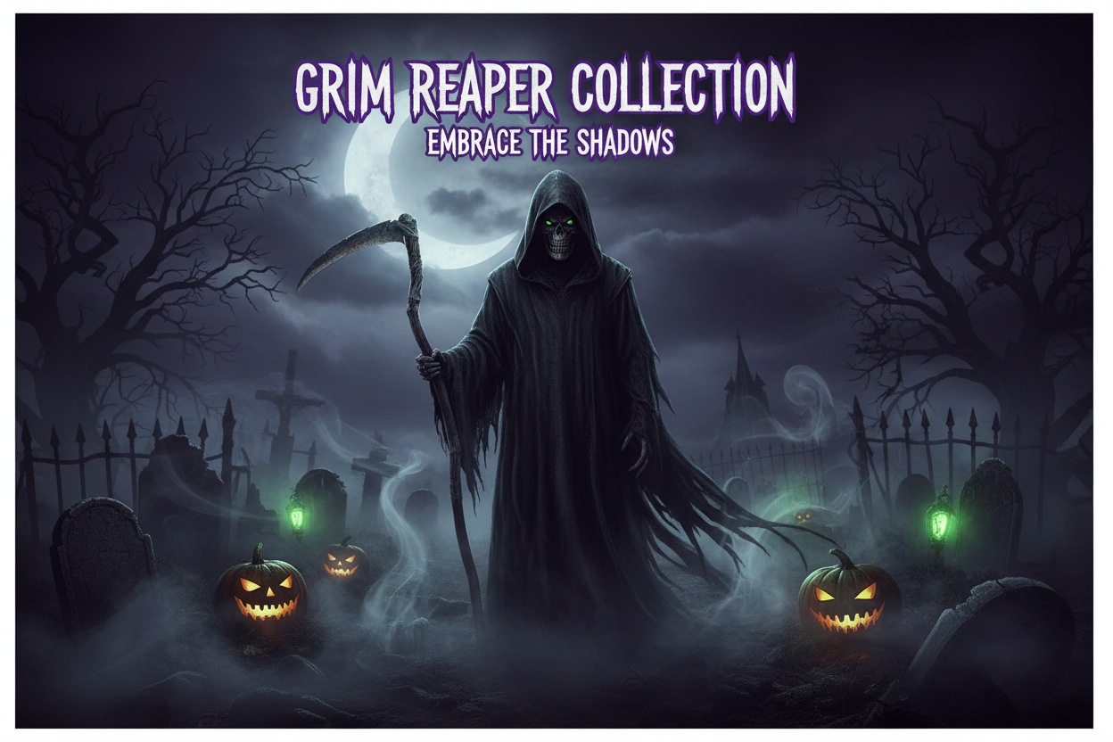 Grim Reaper costumes including reaper robes, skeleton reapers, masks and scythes at Party Spirit