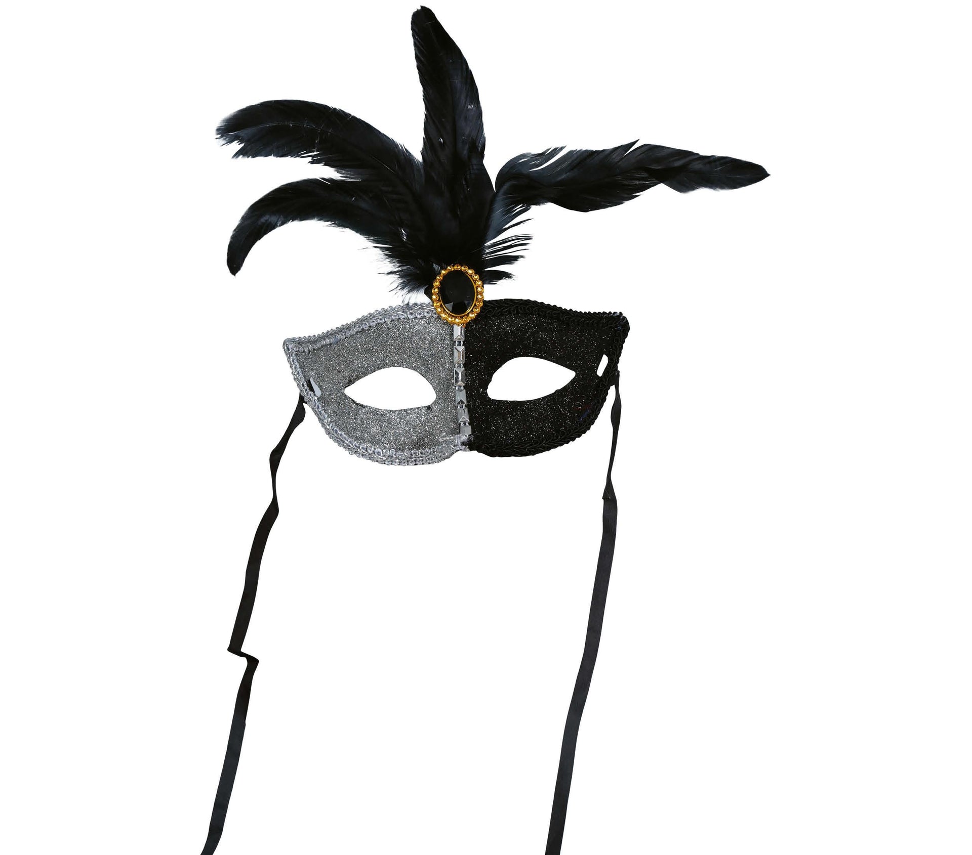 BLACK AND WHITE MASK WITH BLACK FEATHER