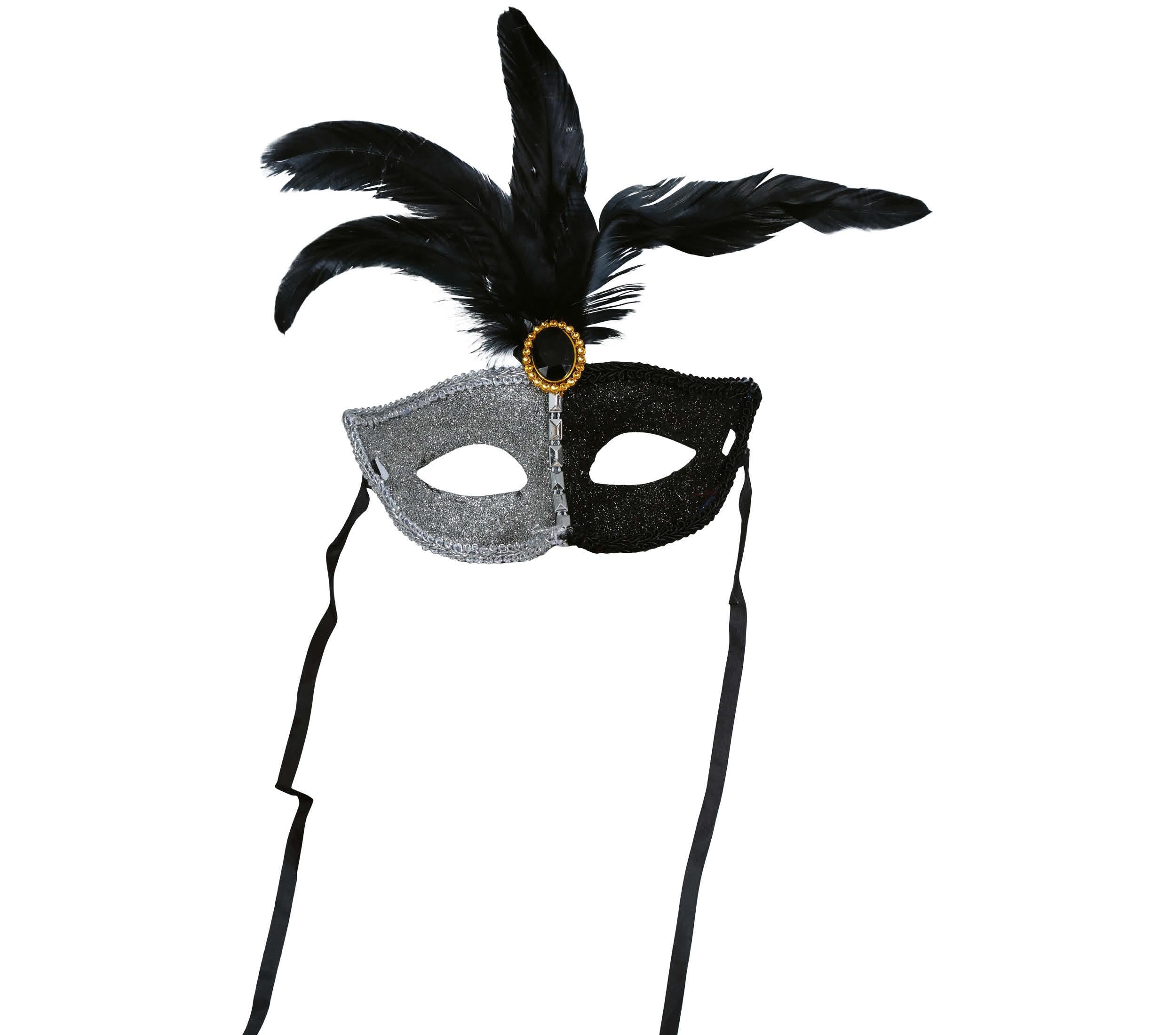 BLACK AND WHITE MASK WITH BLACK FEATHER