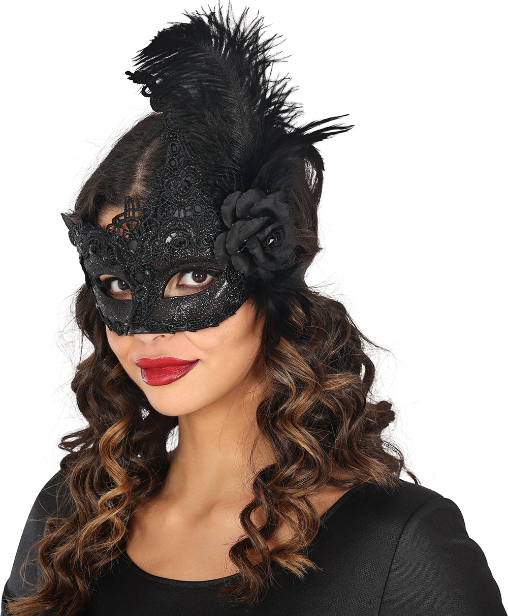 BLACK MASK WITH FEATHERS