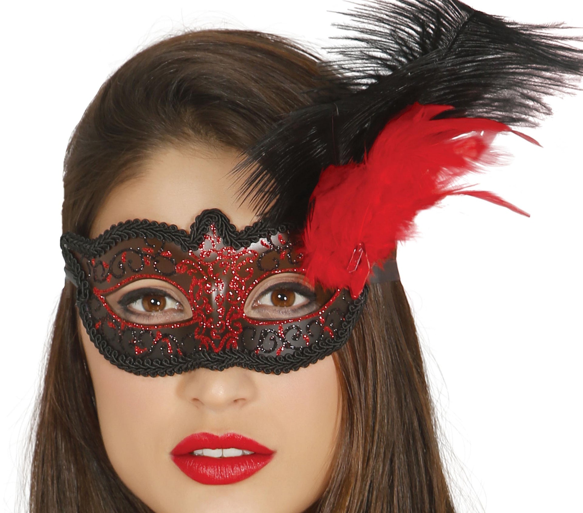 DECORATED RED MASK WITH FEATHER