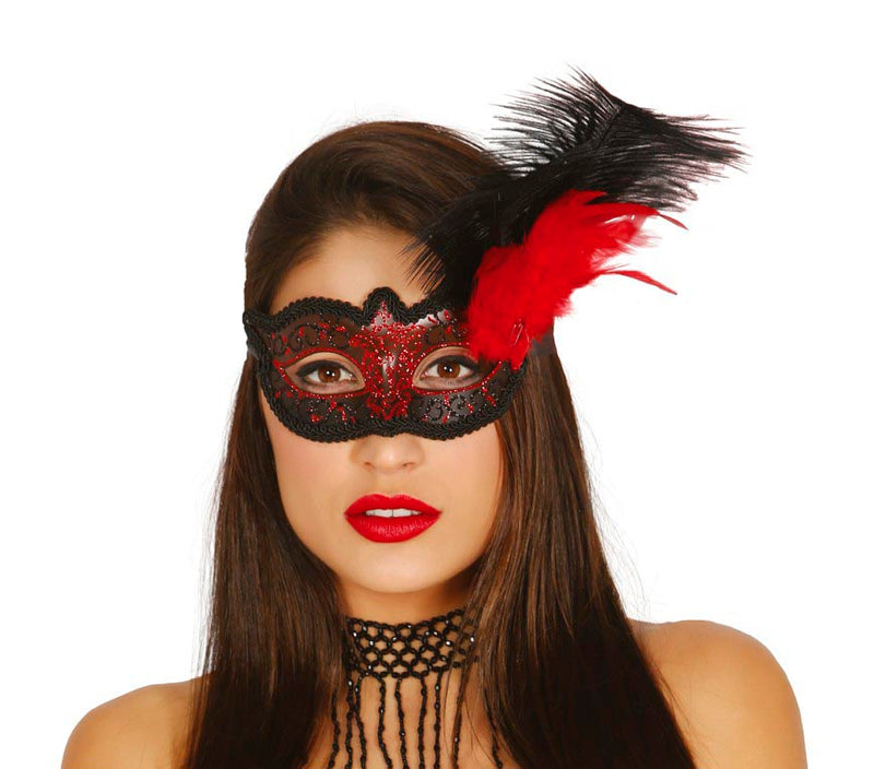 DECORATED RED MASK WITH FEATHER