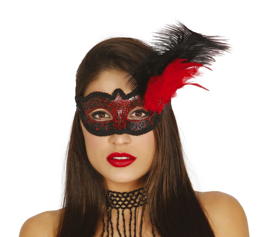 DECORATED RED MASK WITH FEATHER