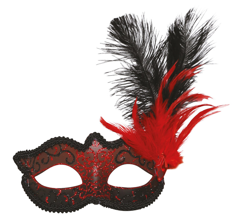 DECORATED RED MASK WITH FEATHER