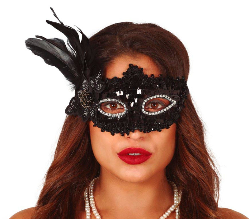 BLACK MASK WITH FLOWER AND FEATHER