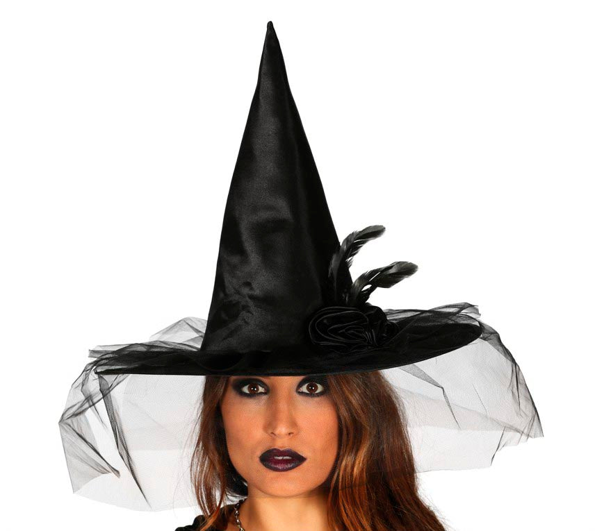 BLACK WITCH HAT WITH FLOWER