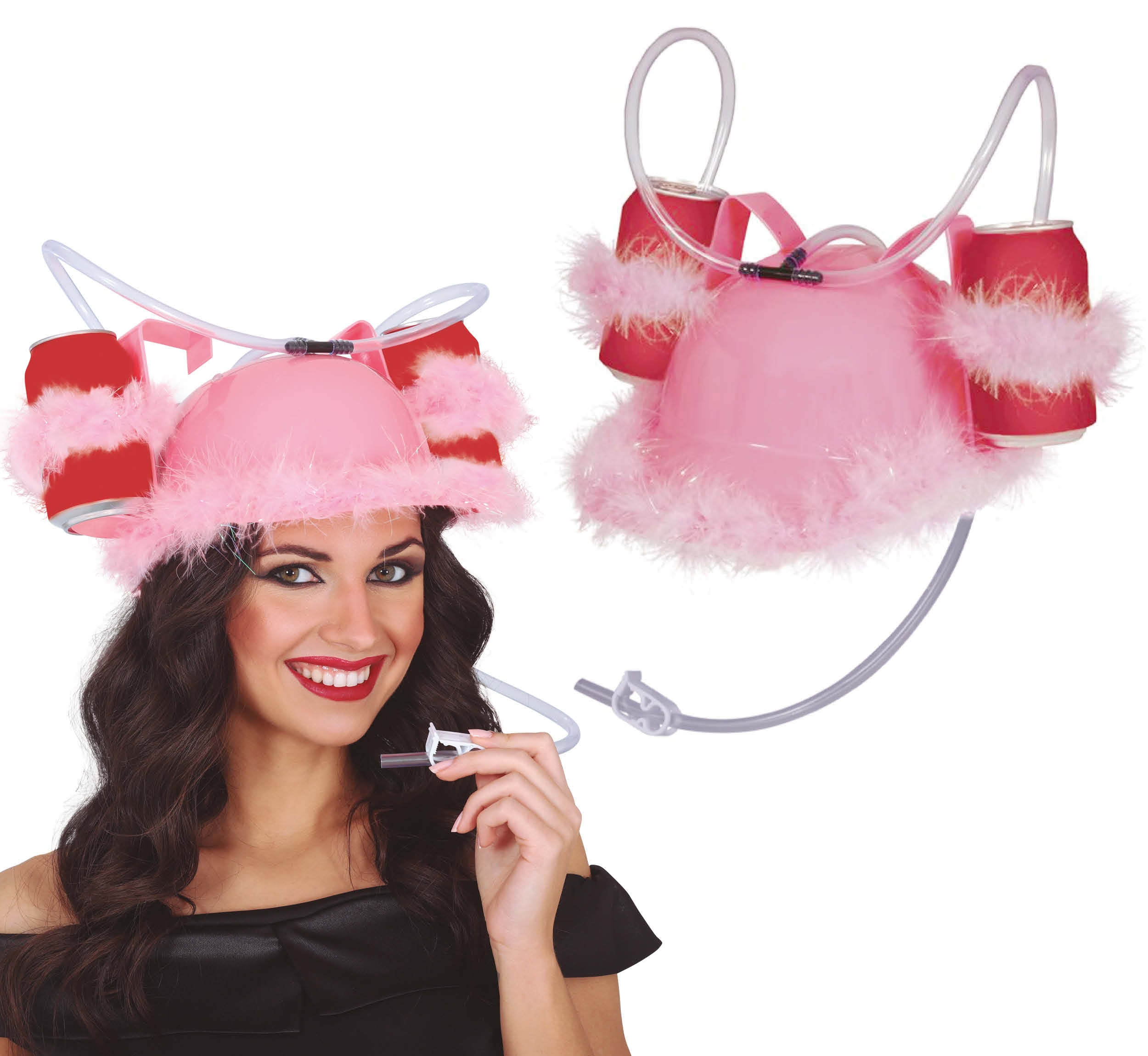 PINK DRINKS HELMET WITH FEATHERS