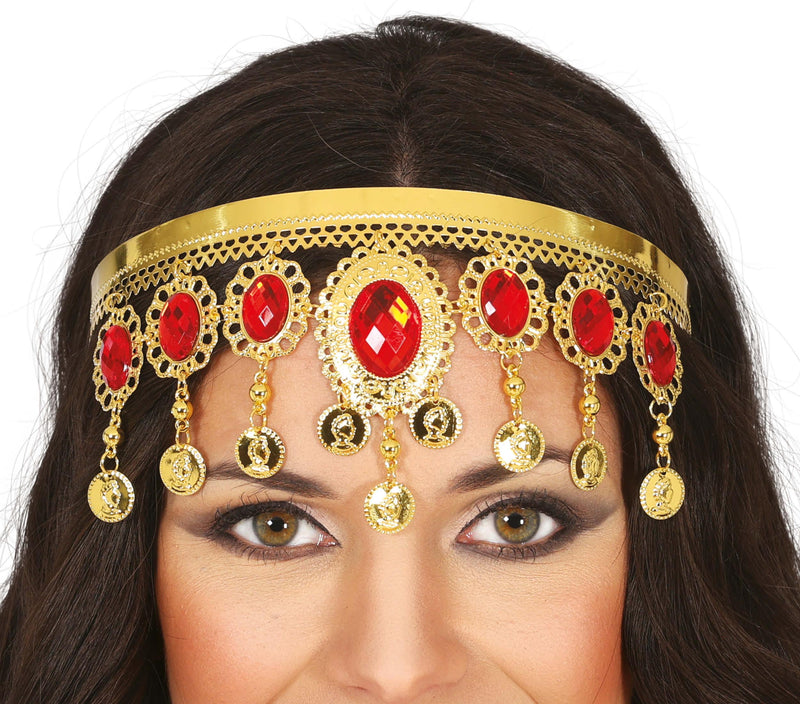 GOLD HEADPIECE WITH RED STONES, METAL