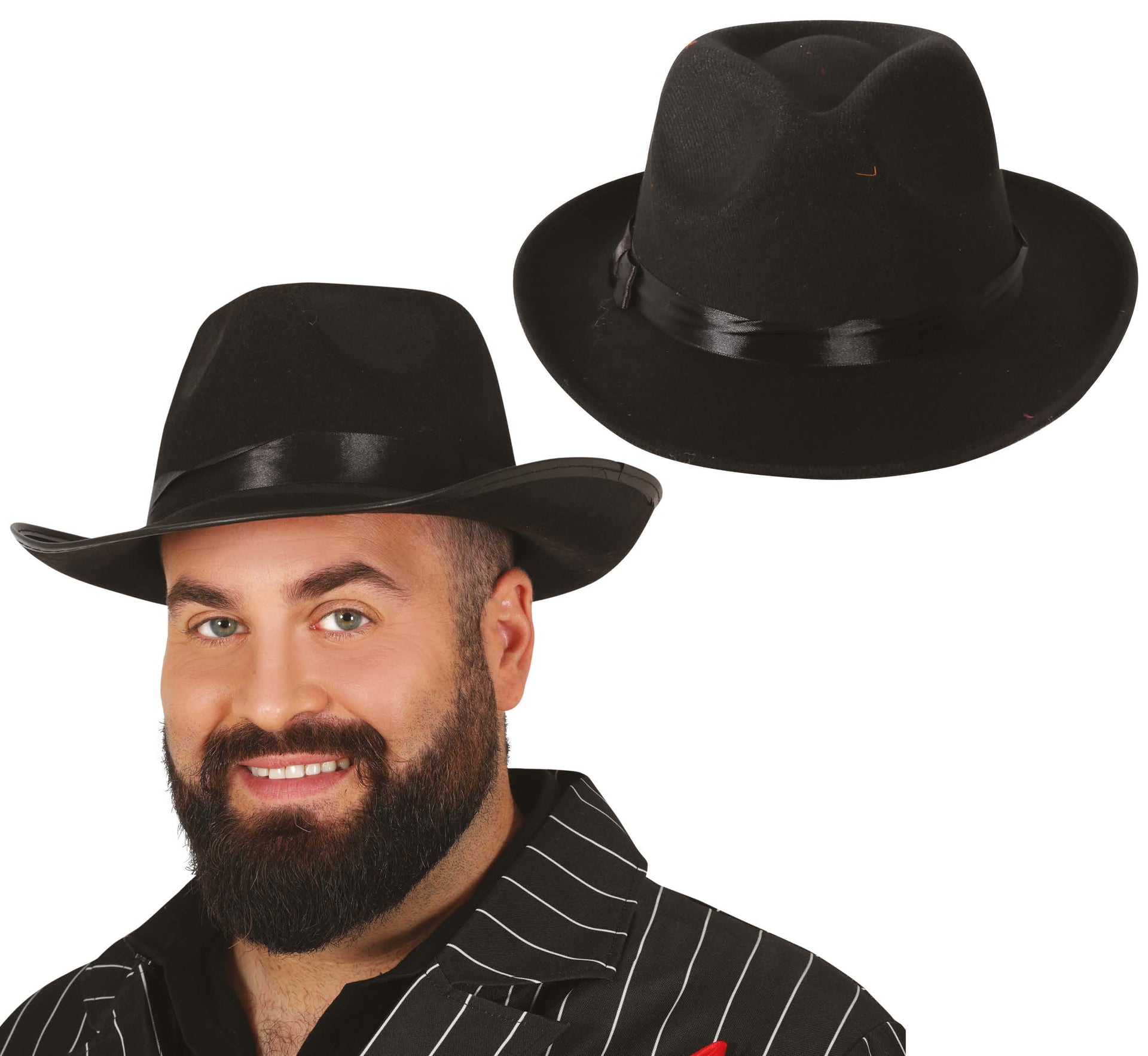 BLACK GANGSTER HAT WITH BLACK RIBBON