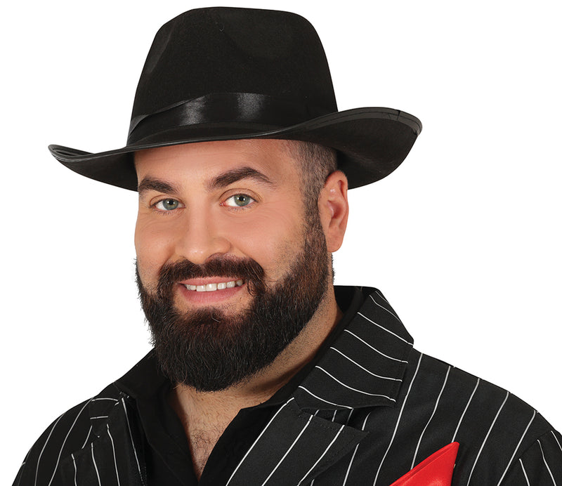 BLACK GANGSTER HAT WITH BLACK RIBBON
