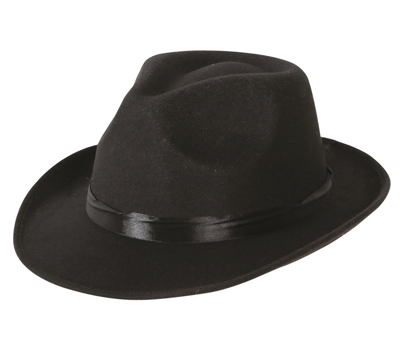 BLACK GANGSTER HAT WITH BLACK RIBBON