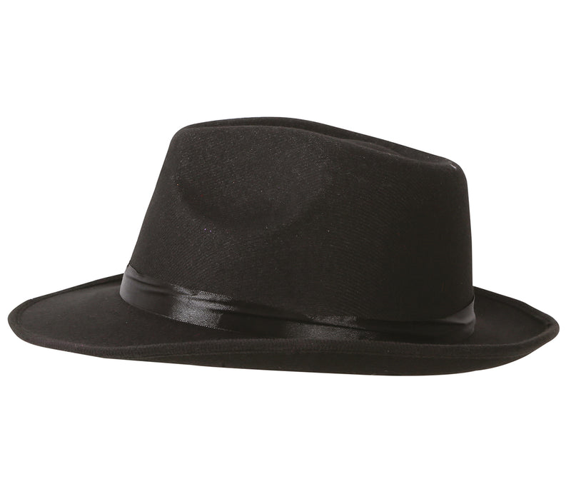 BLACK GANGSTER HAT WITH BLACK RIBBON