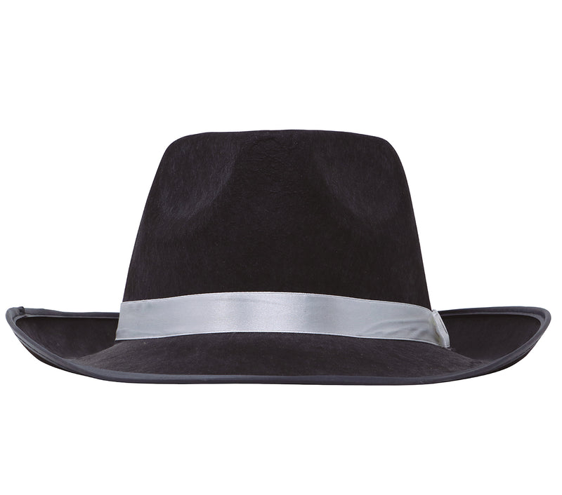 BLACK GANGSTER HAT WITH WHITE RIBBON