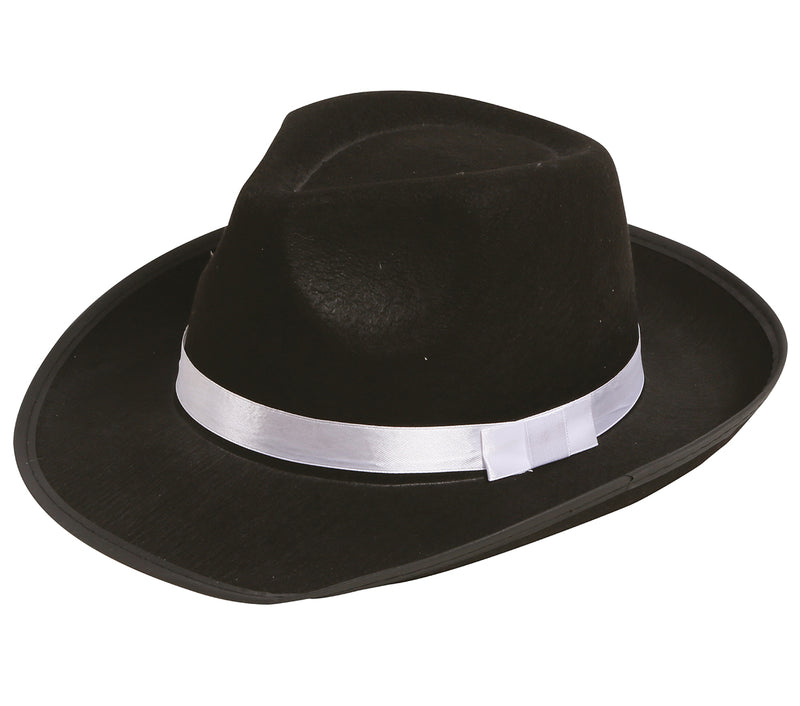 BLACK GANGSTER HAT WITH WHITE RIBBON
