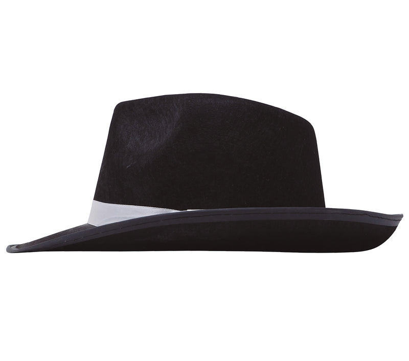 BLACK GANGSTER HAT WITH WHITE RIBBON