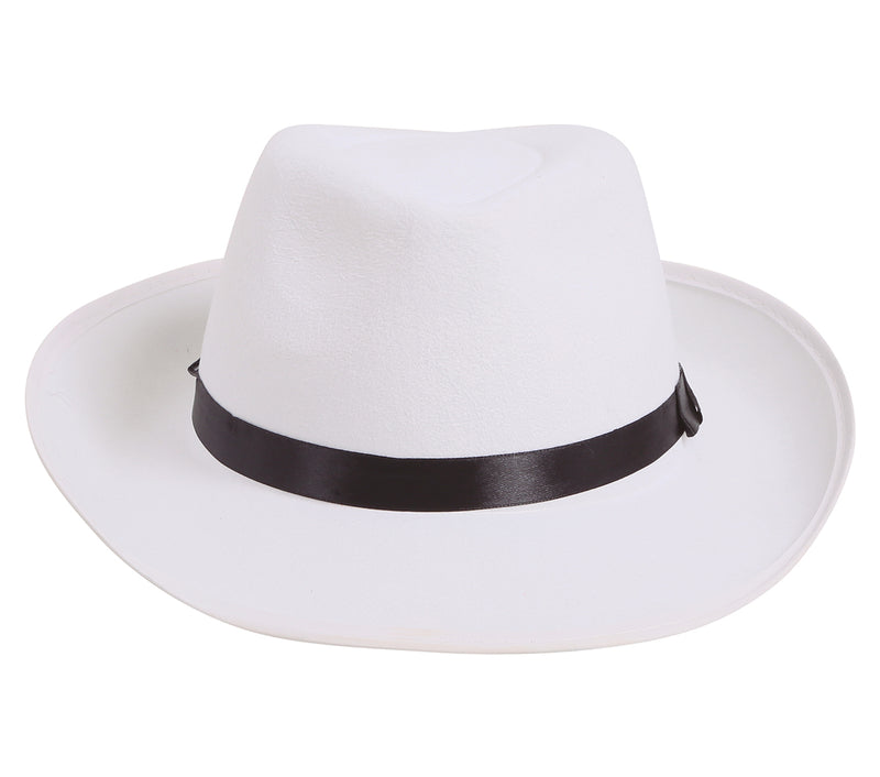 WHITE GANGSTER HAT WITH BLACK RIBBON