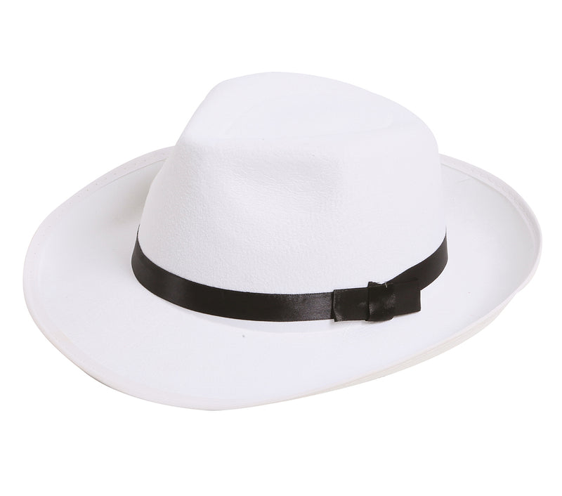 WHITE GANGSTER HAT WITH BLACK RIBBON
