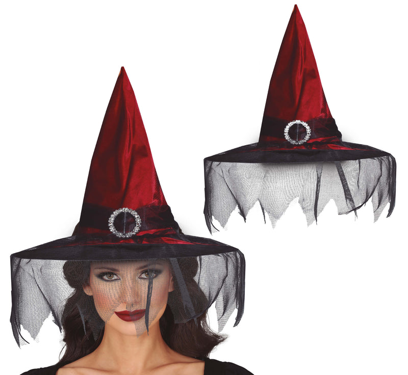 MAROON WITCH HAT WITH VEIL
