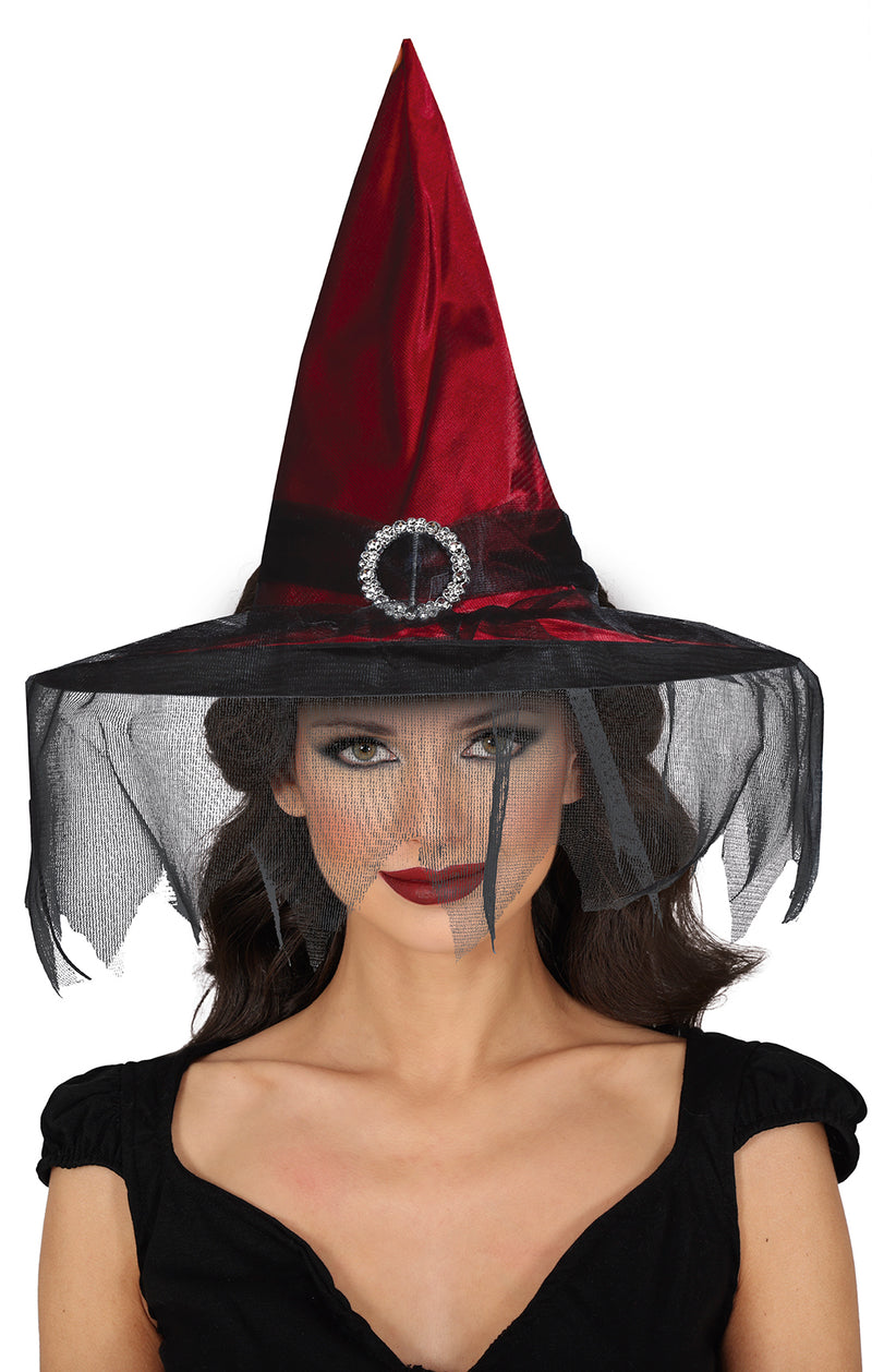 MAROON WITCH HAT WITH VEIL