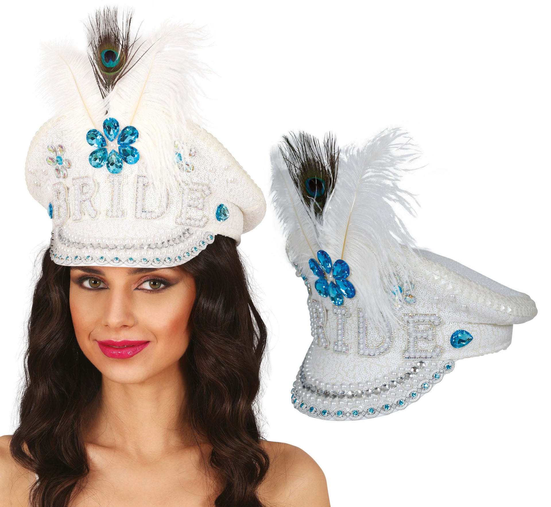 BRIDE CAPTAIN HAT WITH JEWELS FEATHER, ADULTS