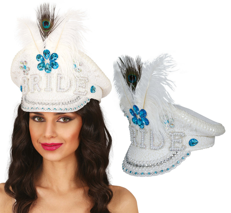 BRIDE CAPTAIN HAT WITH JEWELS FEATHER, ADULTS