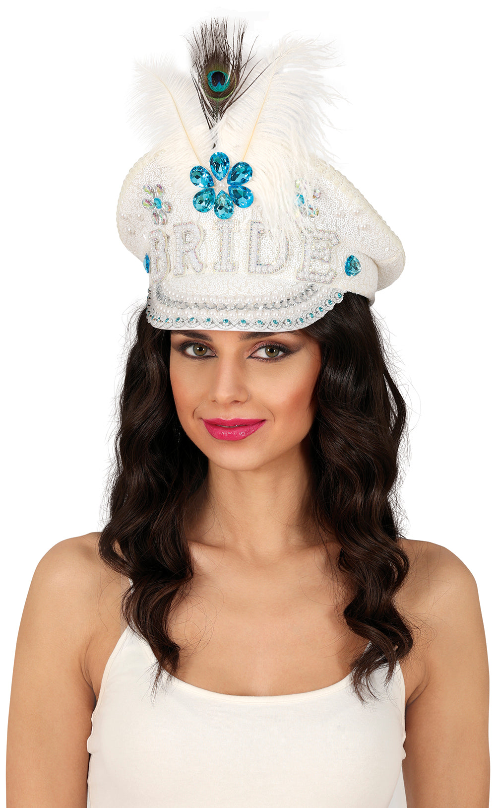 BRIDE CAPTAIN HAT WITH JEWELS FEATHER, ADULTS