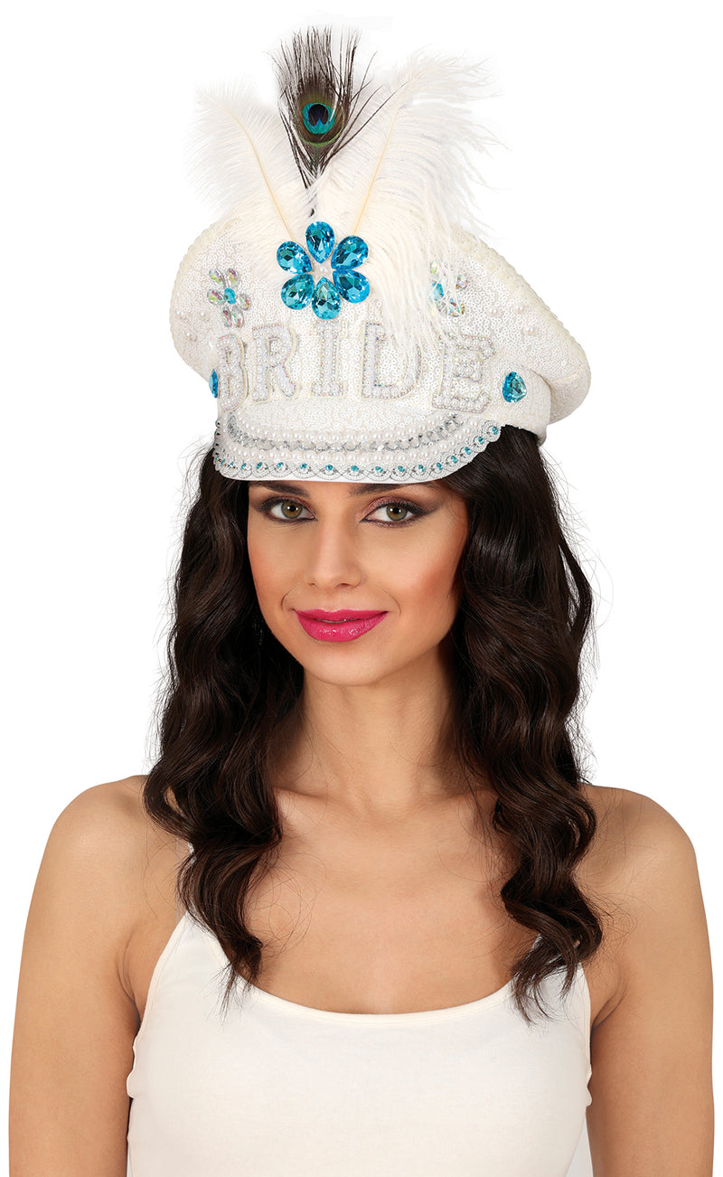 BRIDE CAPTAIN HAT WITH JEWELS FEATHER, ADULTS