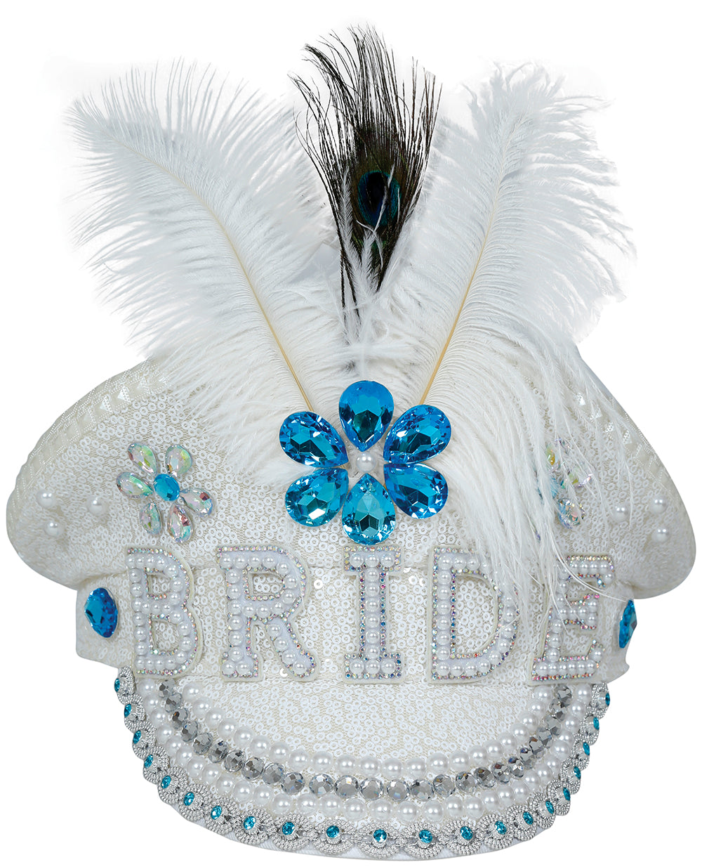 BRIDE CAPTAIN HAT WITH JEWELS FEATHER, ADULTS