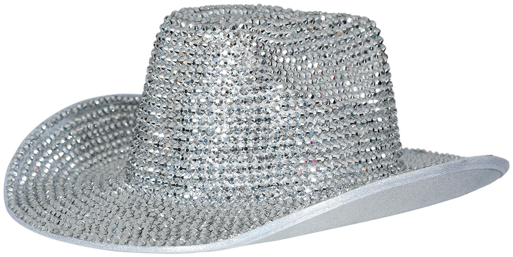 SILVER GLITTER COWBOY HAT WITH JEWELS, ADULTS