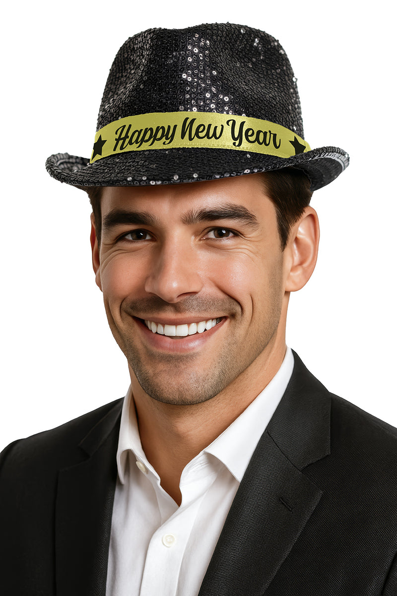 GANGSTER HAT HAPPY NEW YEAR BLACK SEQUINS