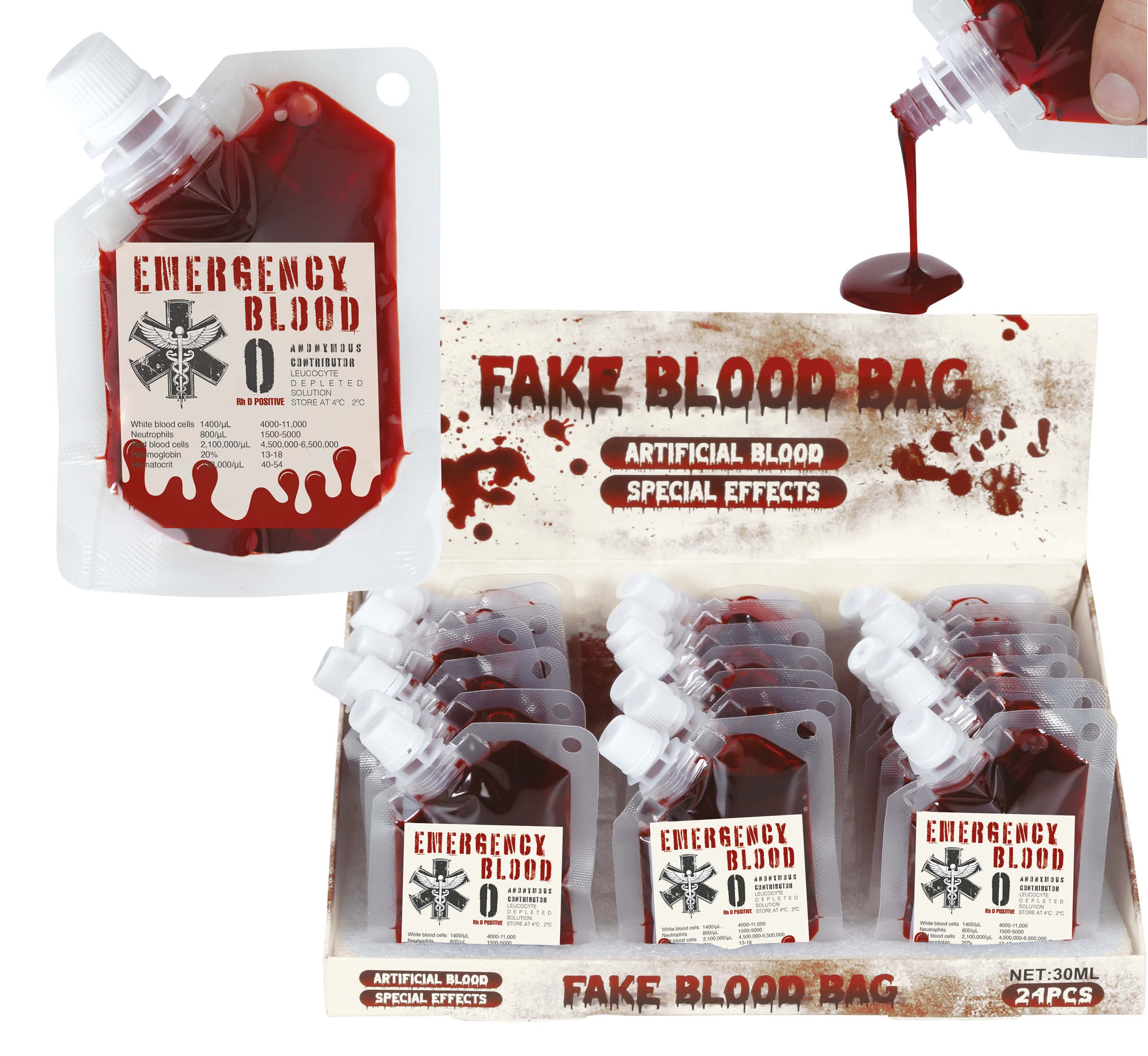 BOX OF 18 BAGS OF BLOOD,30 ML
