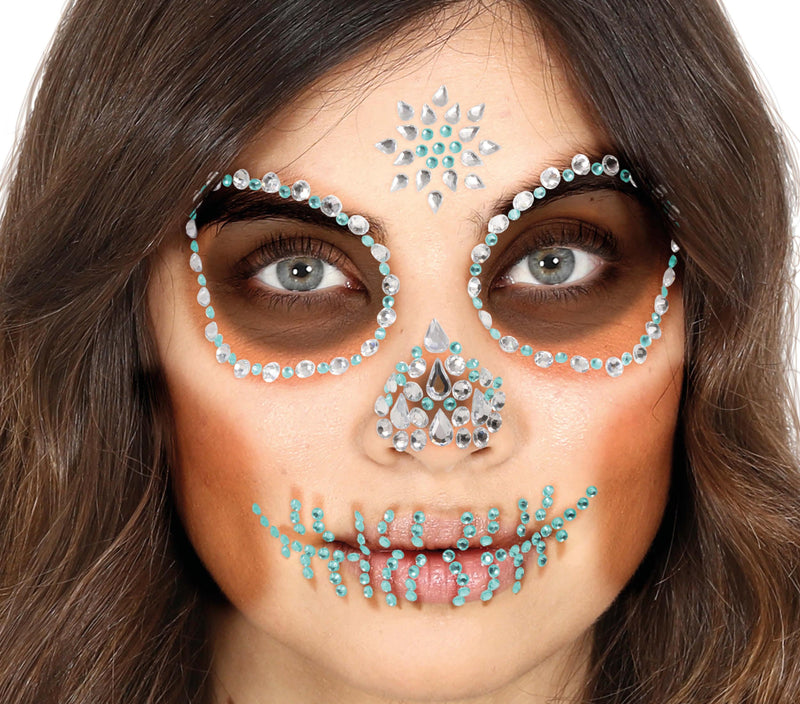 GREEN SKULL FACE GEMS ADHESIVE, 13X15 CM