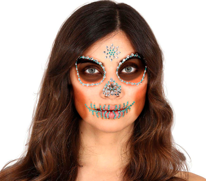 GREEN SKULL FACE GEMS ADHESIVE, 13X15 CM