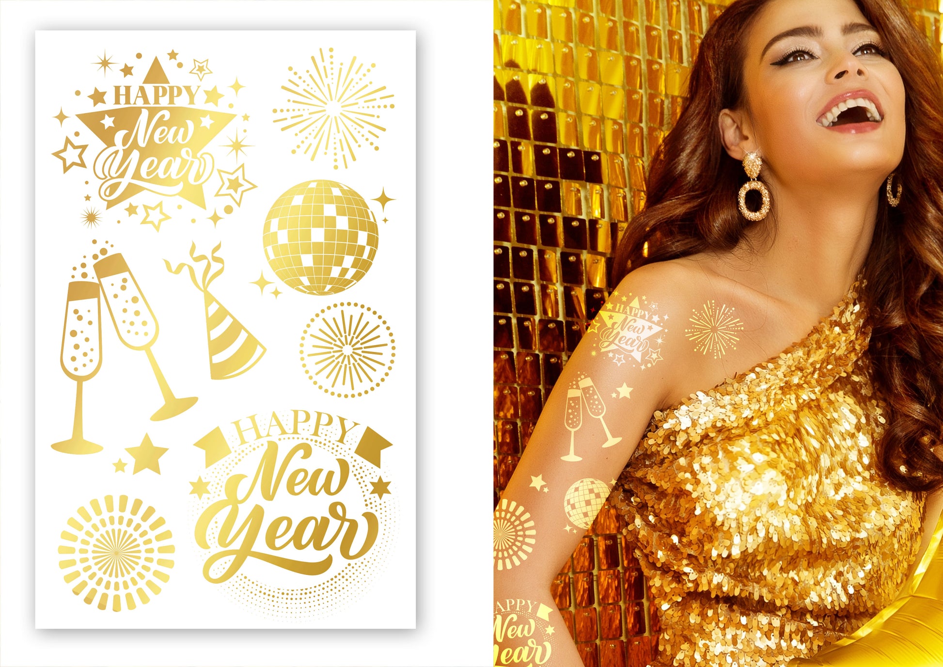 HAPPY NEW YEAR GOLD TATTOO SHEET