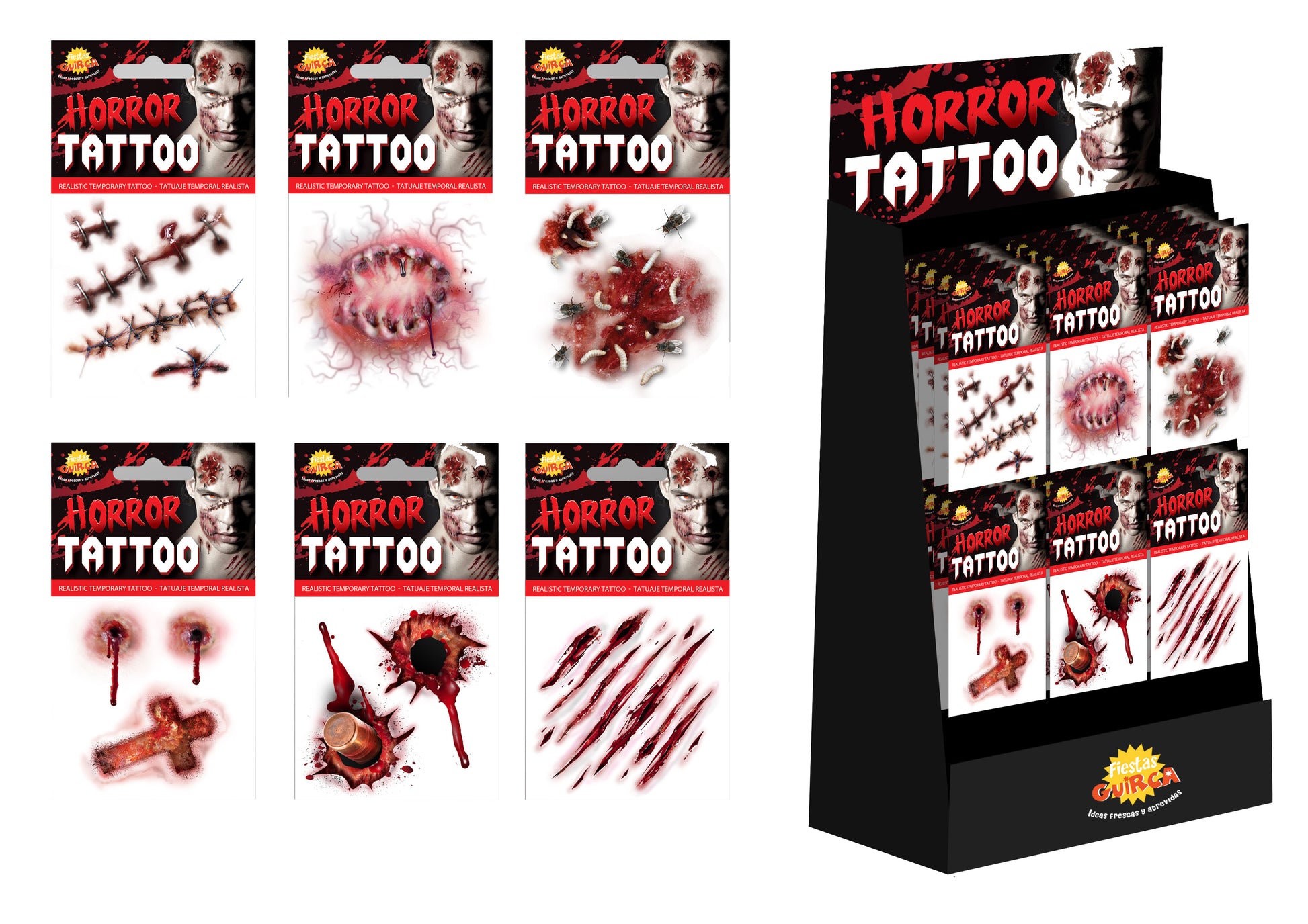 BOX OF 48 ASSORT. HALL. TATTOO DESIGNS, 8X8 CM