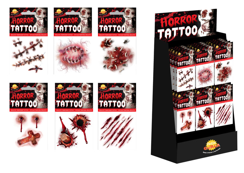 BOX OF 48 ASSORT. HALL. TATTOO DESIGNS, 8X8 CM