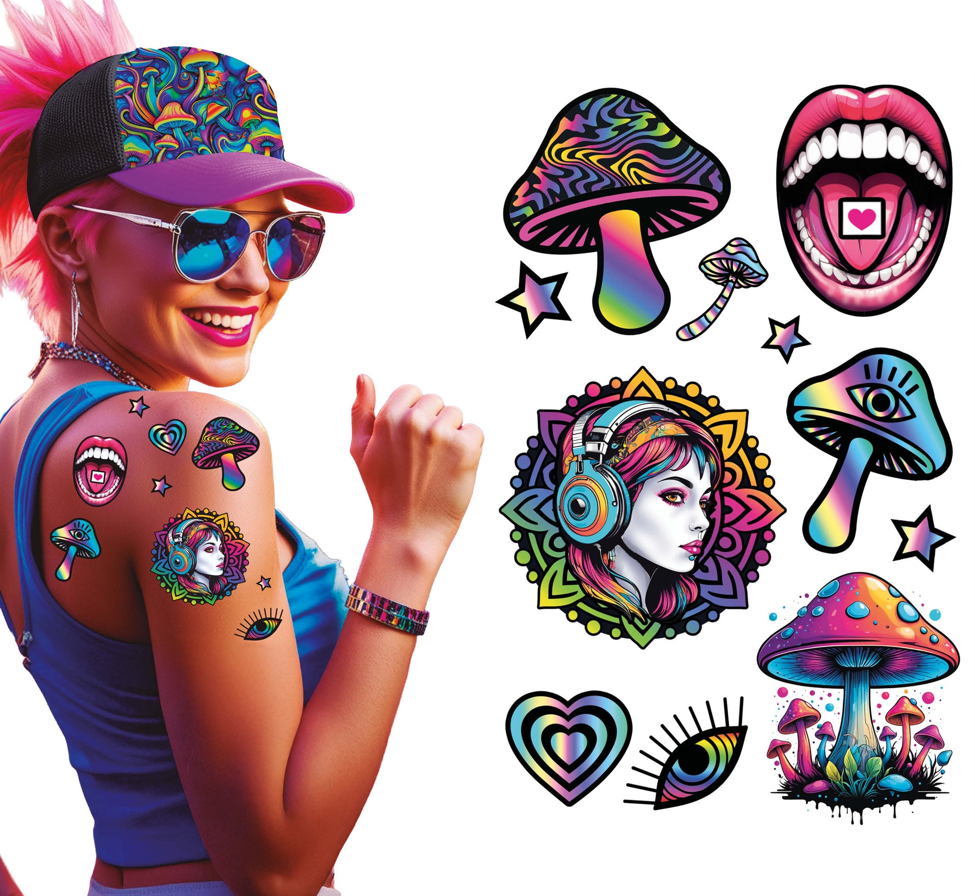 PSYCHEDELIC MUSHROOM TATTOO SHEET 14X30 CM