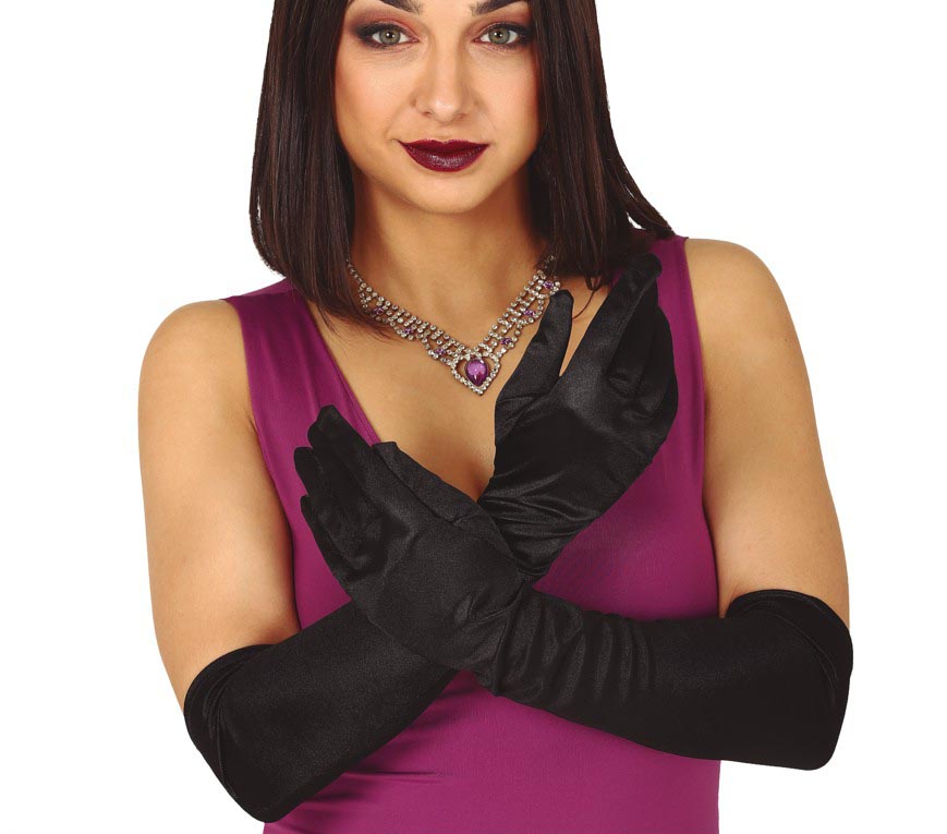 SATIN GLOVES, 51 CM, BLACK