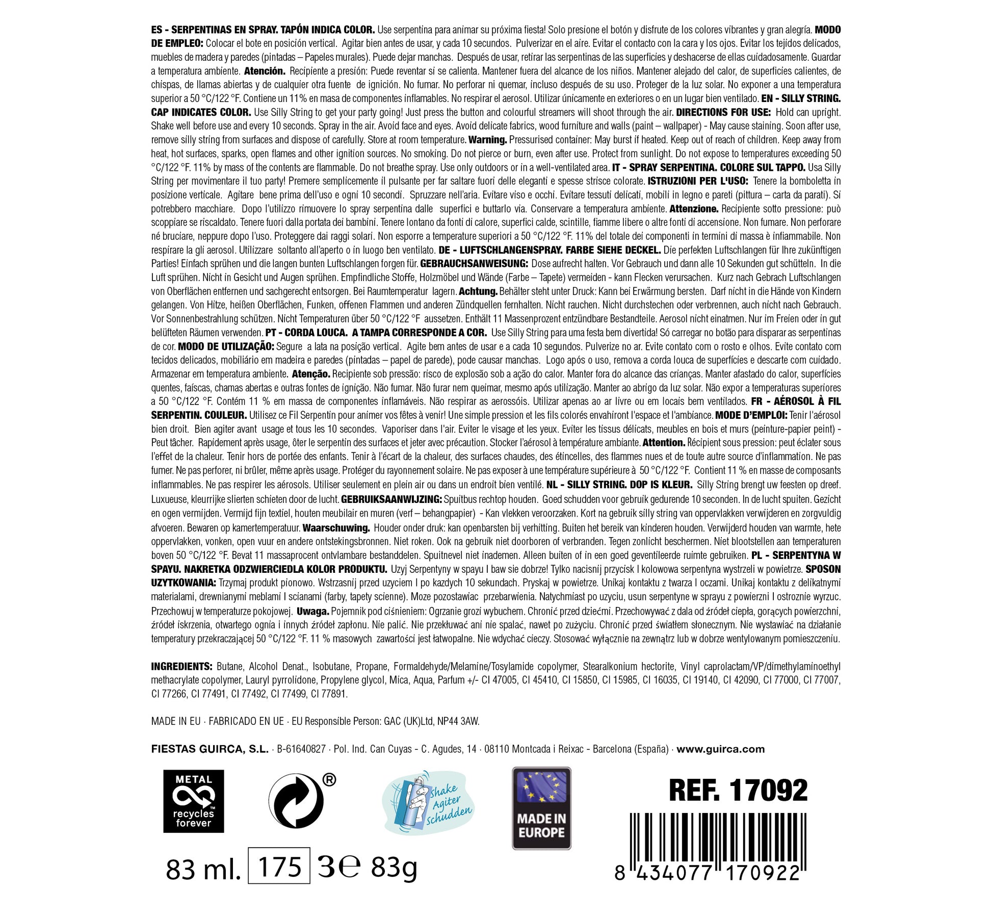175 STREAMER SPRAY CAN,  83 ML, YEL/BL/R