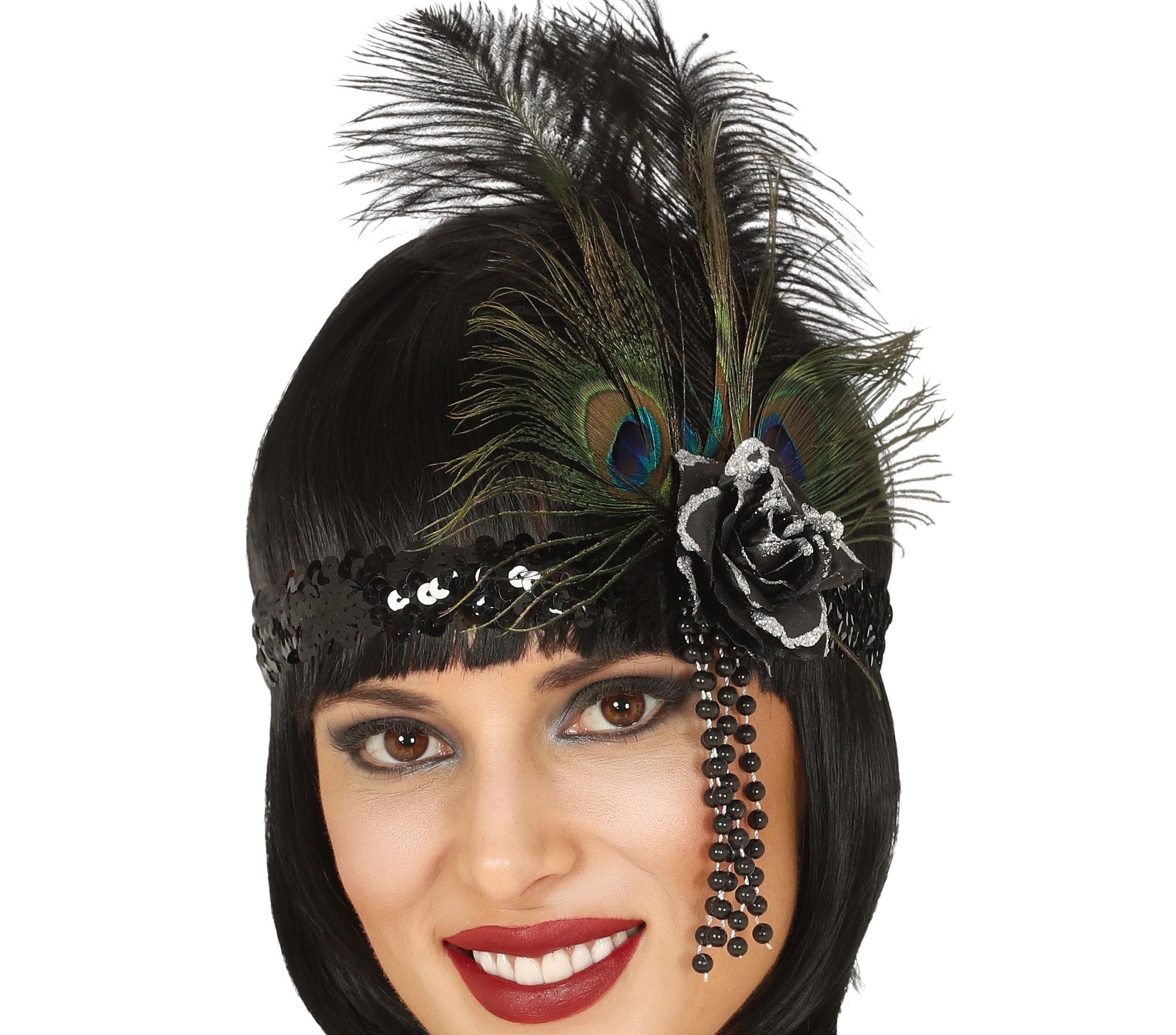 BLACK SEQUINS HEADBAND WITH FEATHERS