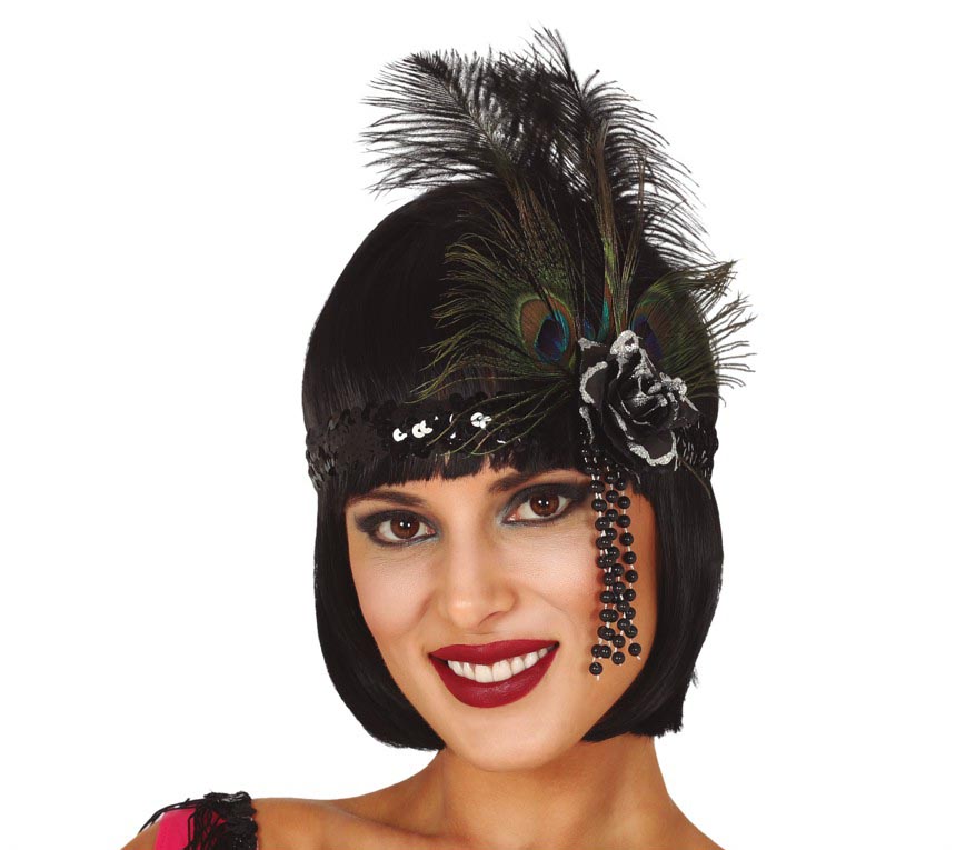 BLACK SEQUINS HEADBAND WITH FEATHERS