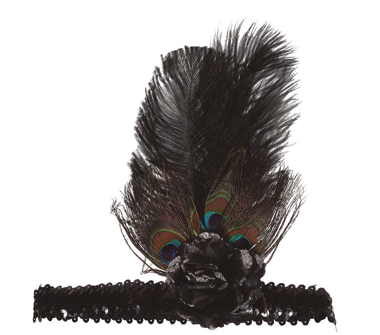 BLACK SEQUINS HEADBAND WITH FEATHERS