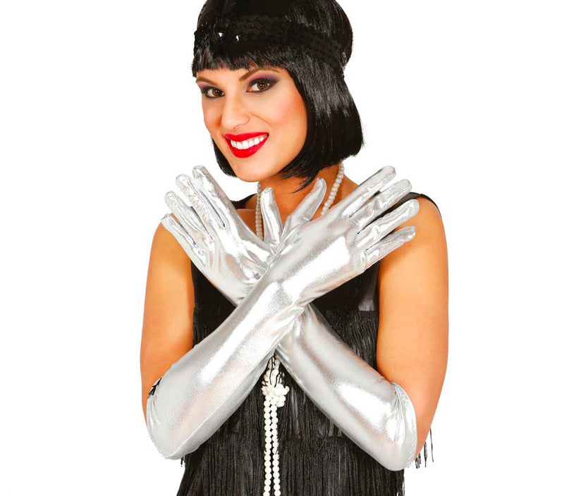 METALLIZED GLOVES, 44 CM, SILVER