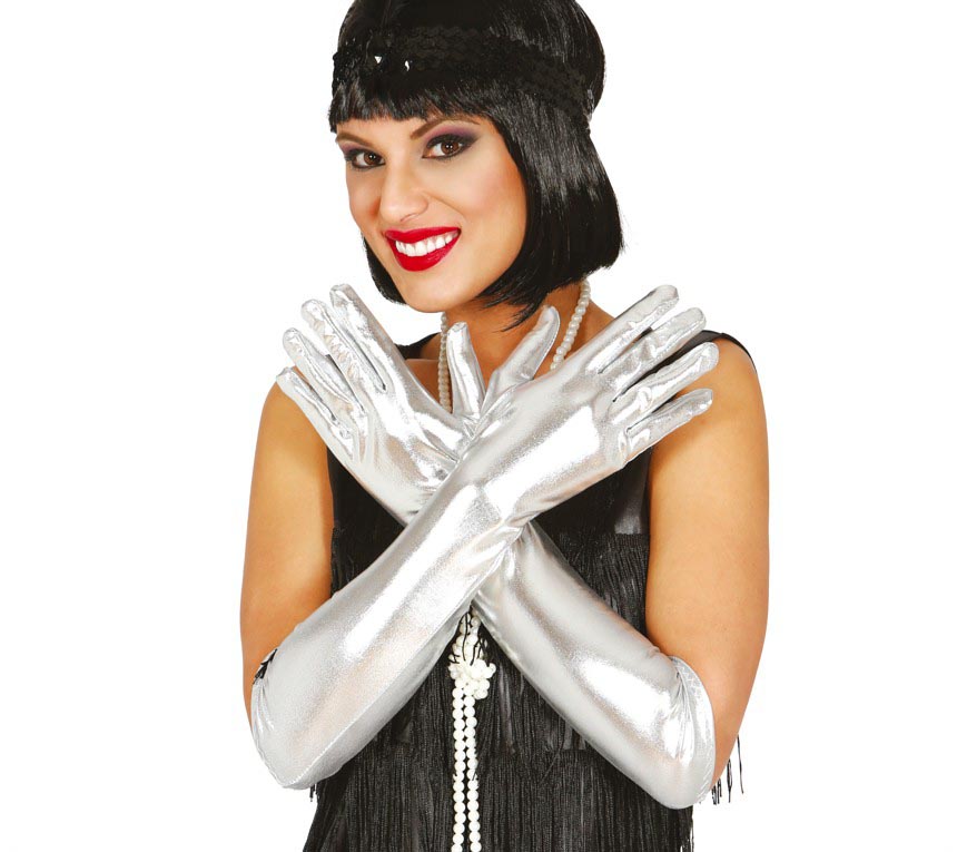 METALLIZED GLOVES, 44 CM, SILVER