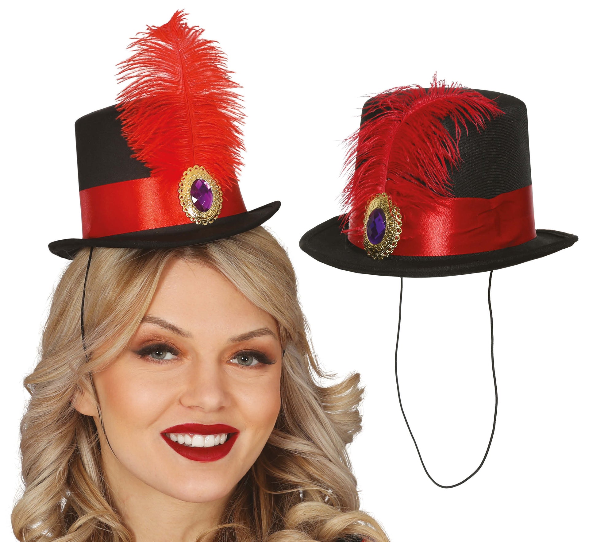 RED FEATHERED MINIHAT TOP HAT