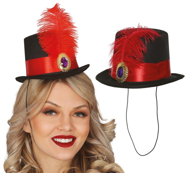 RED FEATHERED MINIHAT TOP HAT