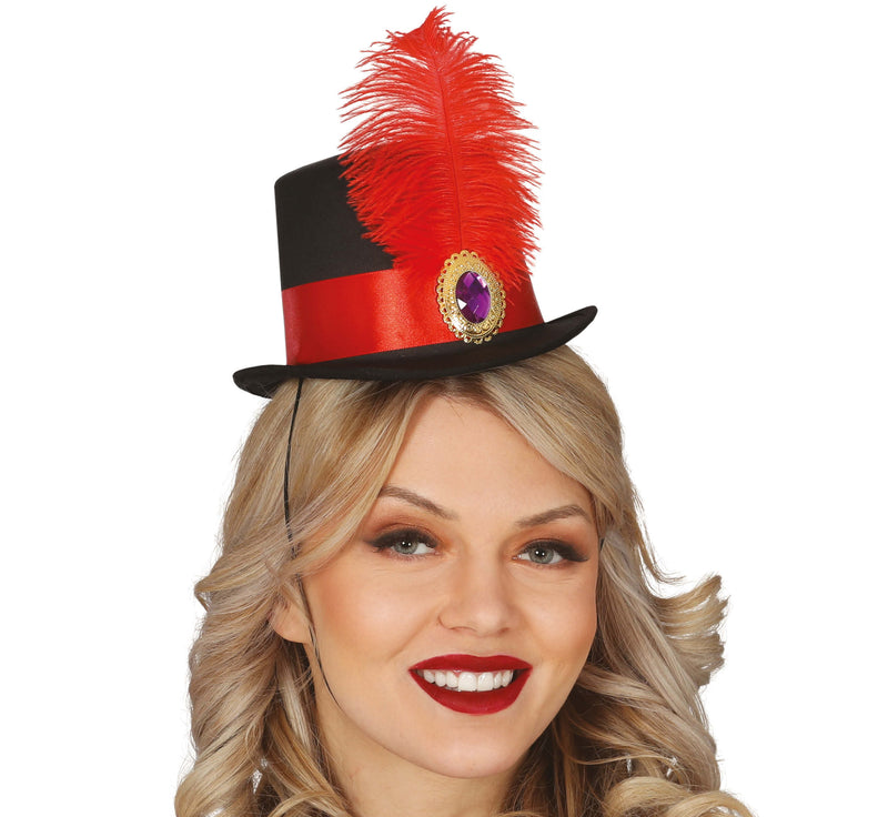 RED FEATHERED MINIHAT TOP HAT