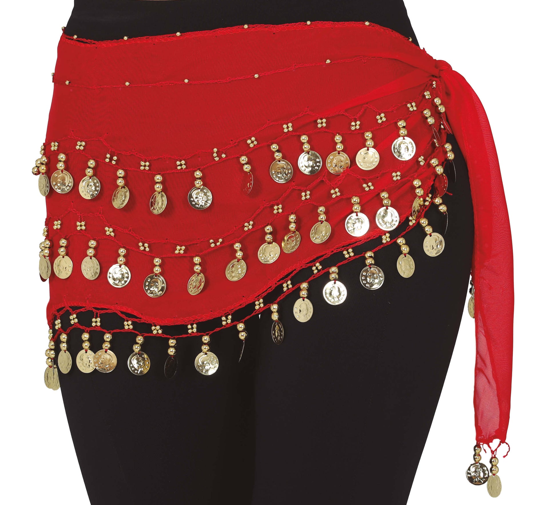 BELLY DANCE HIP SCARF WITH GOLD COINS, RED