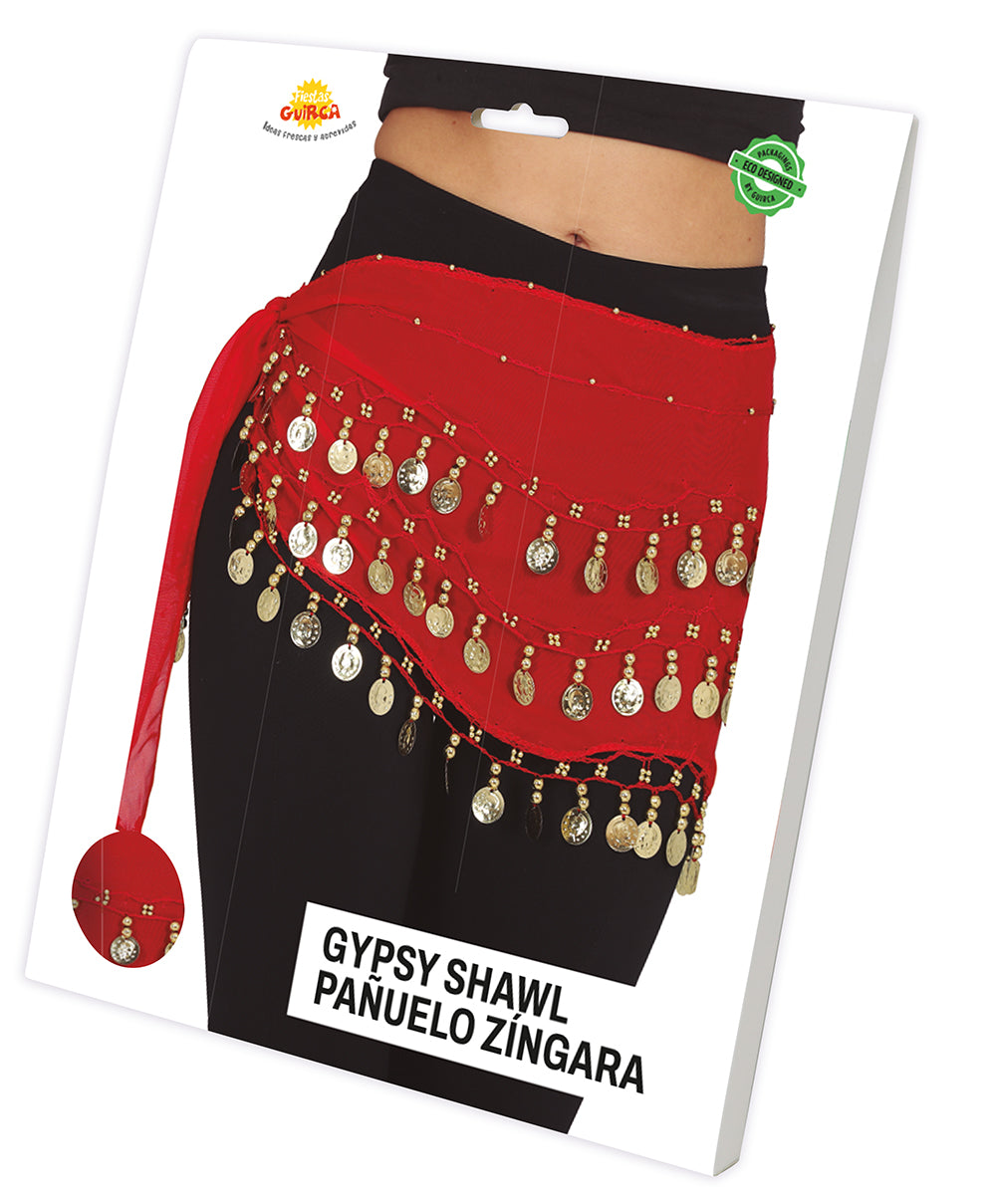 BELLY DANCE HIP SCARF WITH GOLD COINS, RED