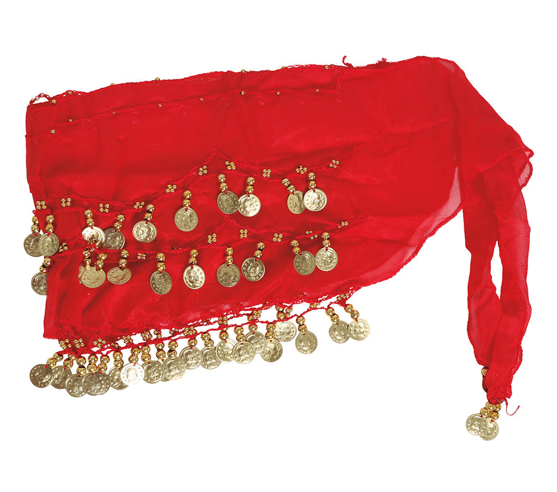 BELLY DANCE HIP SCARF WITH GOLD COINS, RED